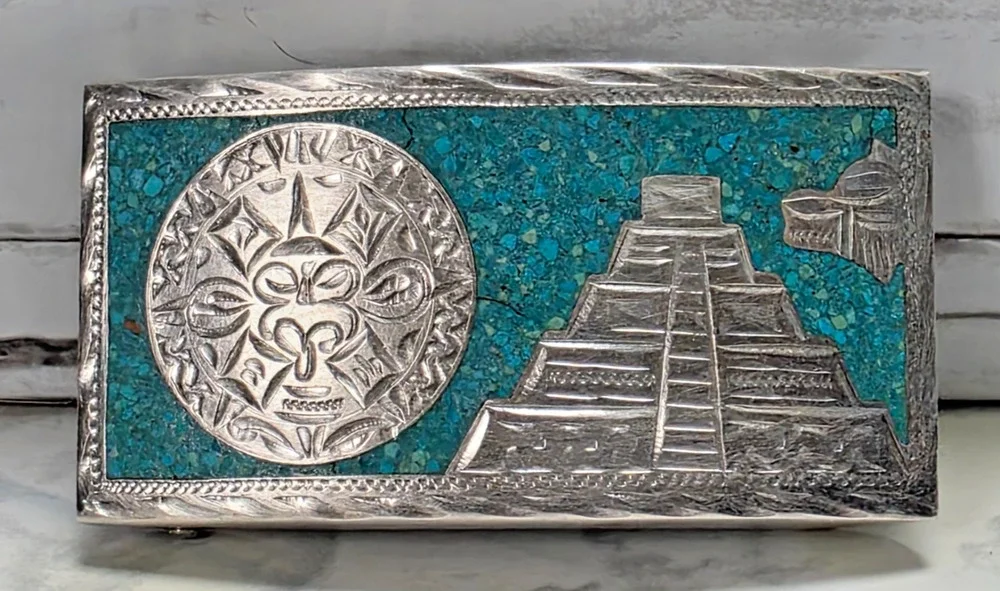 VHLC Plata de Jalisco .925 Sterling Silver Turquoise Aztec Belt Buckle, Vintage